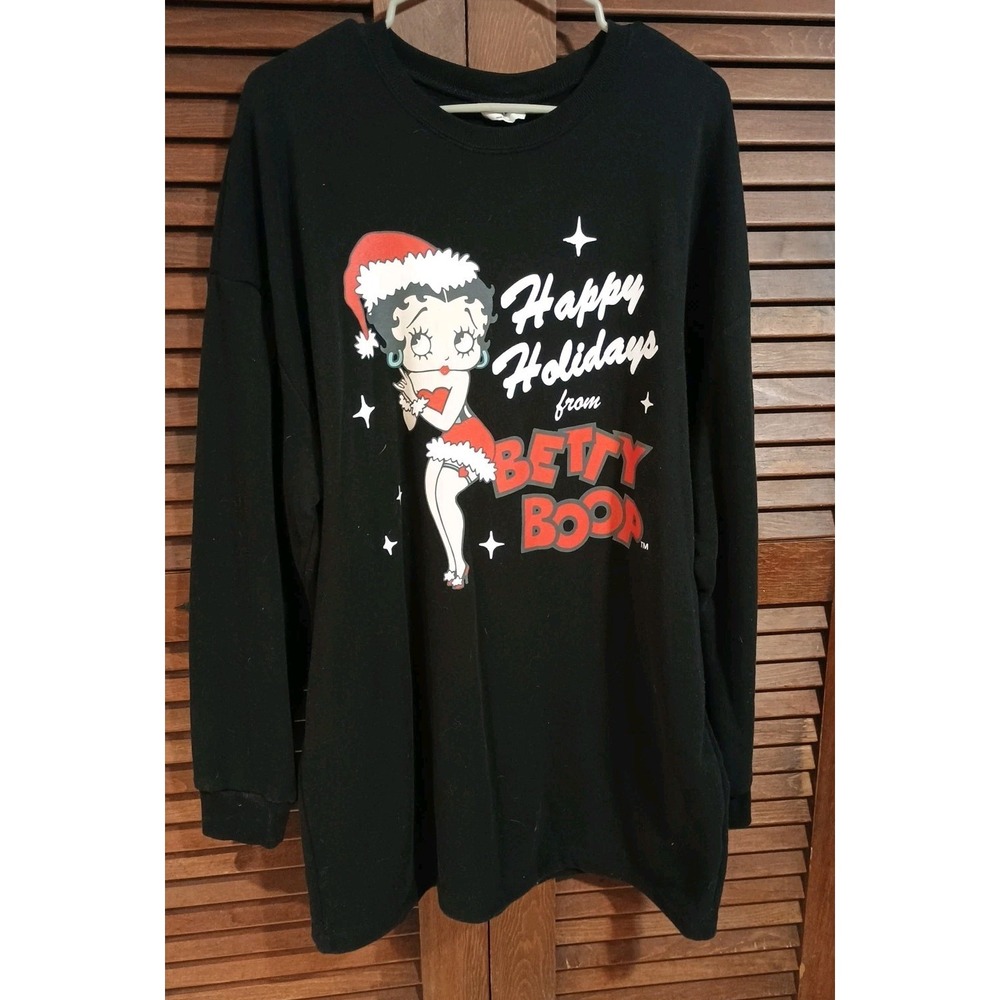 Betty Boop Holiday Crewneck  Sweatshirt Night Gown Black Pullover Size Large‎